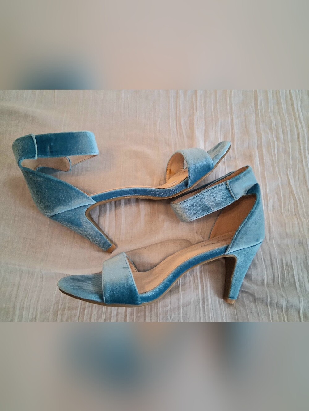 Bella Marie Light Teal Blue Velvet Ankle-Strap Heels